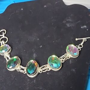 Iridescent Oval Crystal Link Bracelet - Multi-Color Sparkle